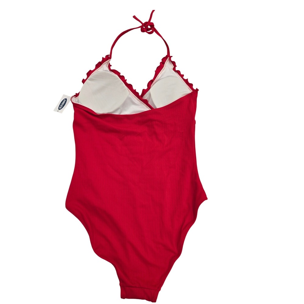 Old Navy Womens Red Ribbed Scalloped V-Neck Halter One Piece Swimsuit Size M - Picture 4 of 7